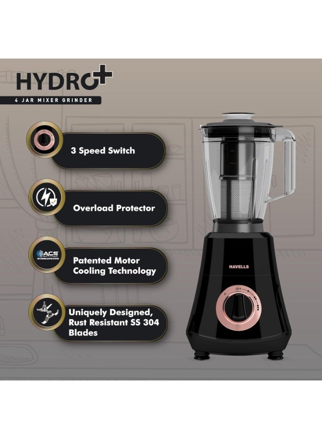 هافلز Havells Hydro Plus 1000 Watt Mixer Grinder 4 Jar Mixer Grinder |1.75L Break-Resistant Blending Jar | 304 SS Rust-Resistant Blades | 22000 RPM High-Speed Motor | 5-Year Motor Warranty (Black) - Image 2